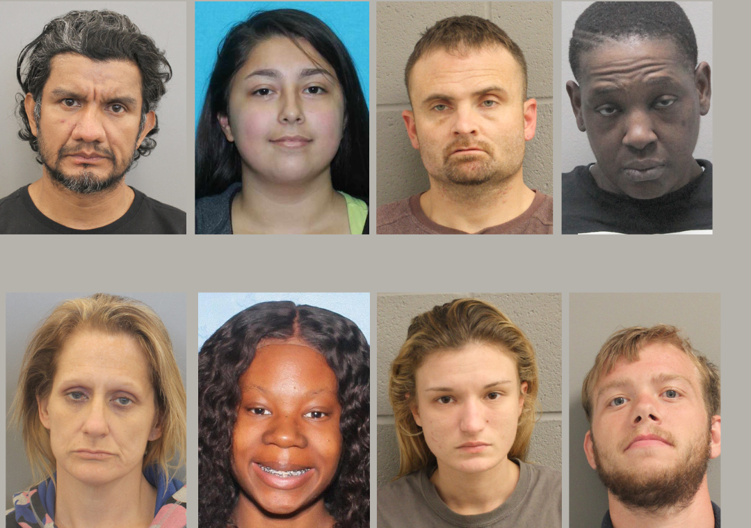 Collage of photographs of individuals with active warrants. 8 people are depicted.