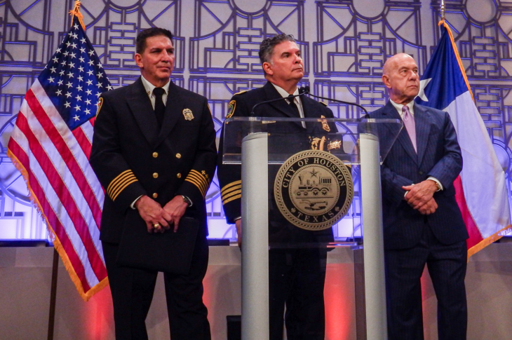 Mayor Whitmire stands with newly appointed Chiefs of Fire and Police.