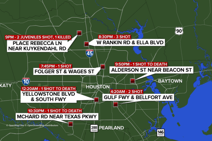 graphic illustrates map of 6 houston shootings